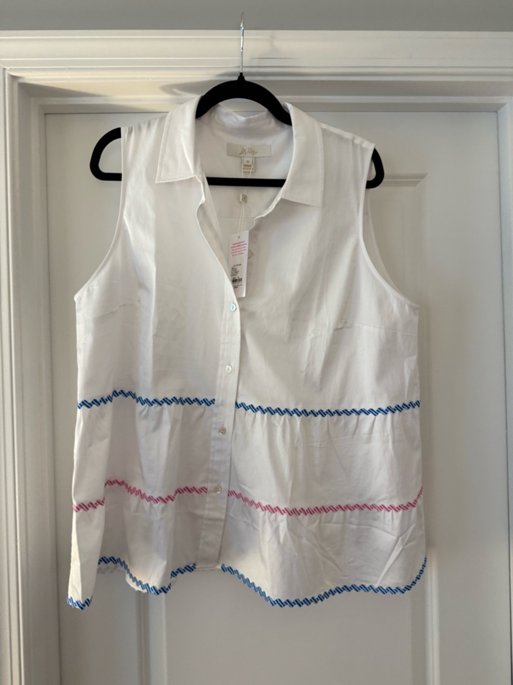 Lilly Pulitzer White Sleeveless Button-Down Top with Blue & Pink Trim